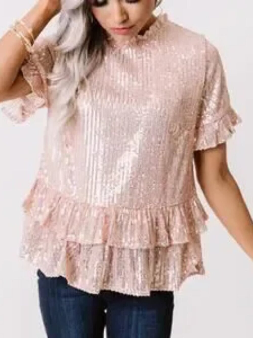 NWT Andree by Unit Blush Pink Sequin Ruffle Peplum Top Size Small